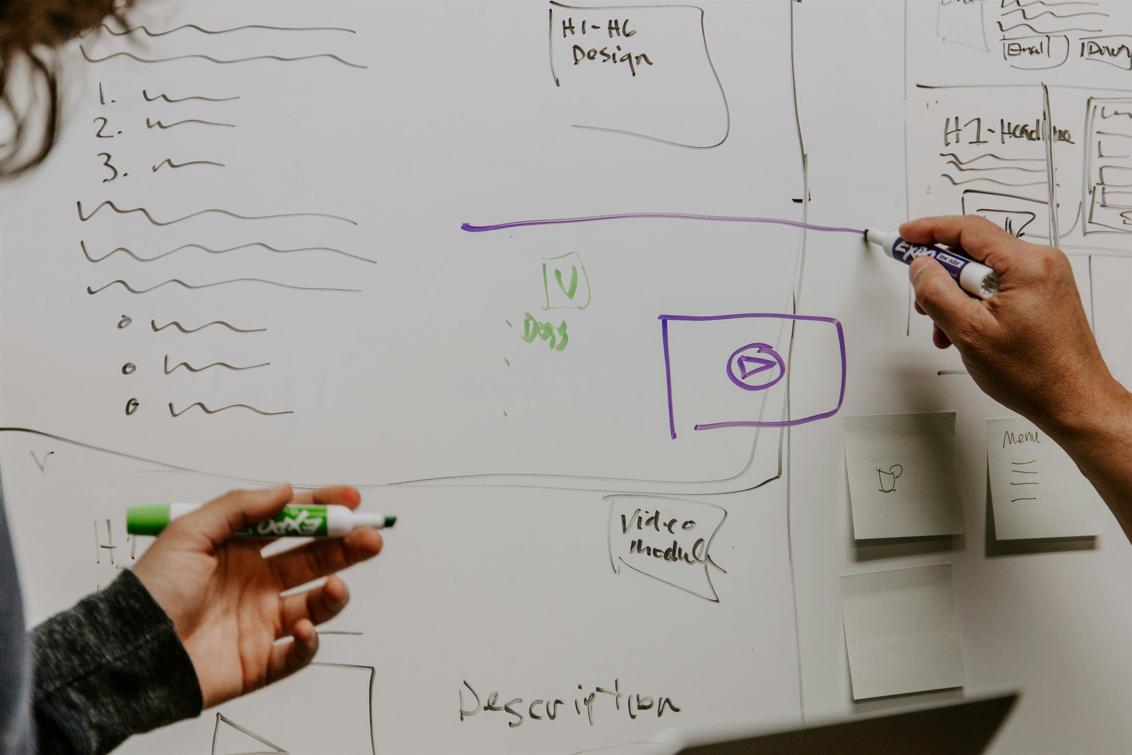 Hand sketching a content plan on a whiteboard